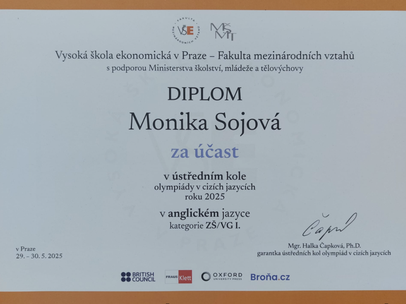 Velký úspěch v ústředním kole olympiády v anglickém jazyce