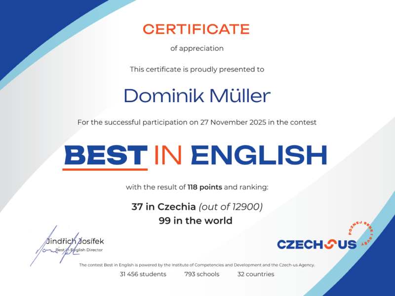 Úspěch našeho studenta v mezinárodní soutěži BEST IN ENGLISH