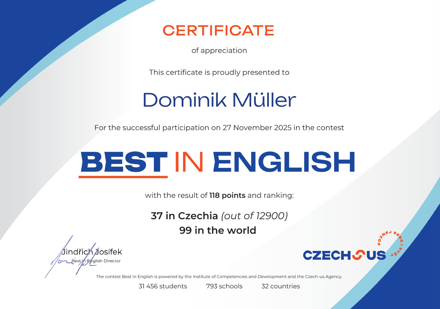 Úspěch našeho studenta v mezinárodní soutěži BEST IN ENGLISH